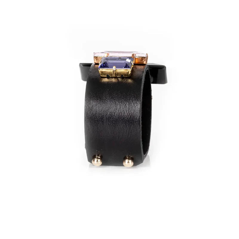 The Dark Black Leather Cuff with Blush & Sapphire Crystals