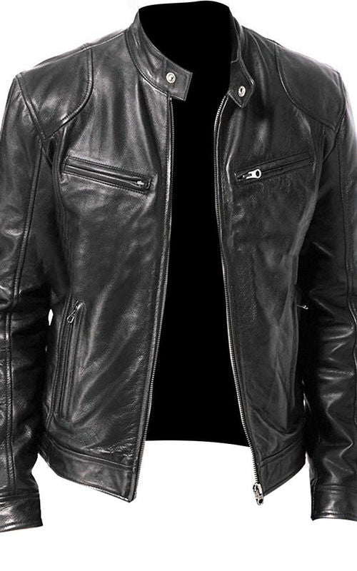 Men Winter Leather Jacket Long Sleeve Zipper Slim Biker Coat Stand Collar Casual Outerwear