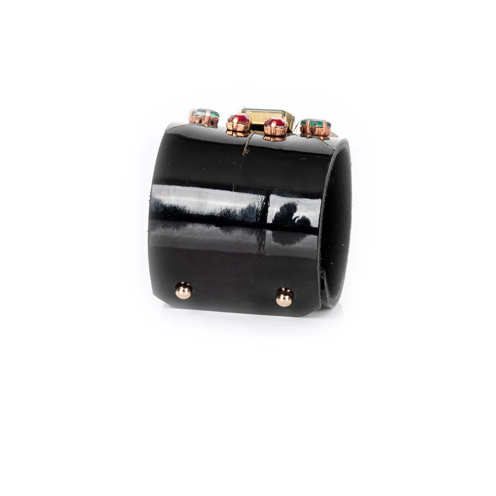 The Dark Black Leather Crystal Cuff Bracelet with Green Center Stone & Red Accents