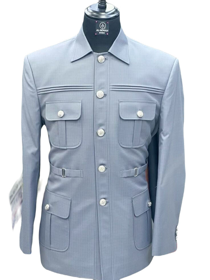 Light Blue Vintage Safari Suit for Men Stylish Coat pant Classic Formal Suit.