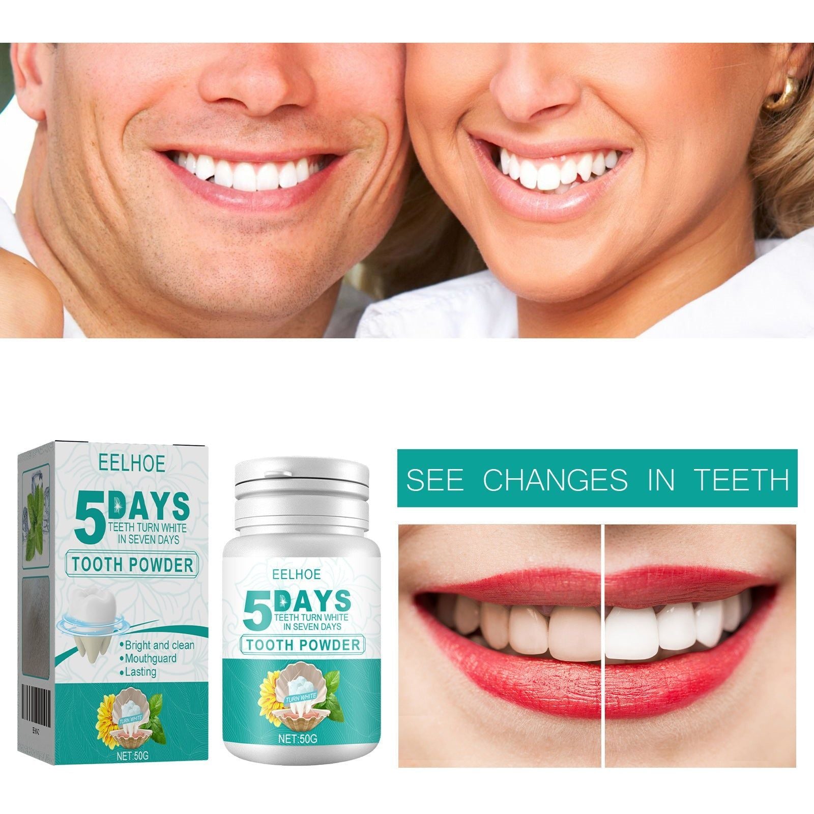 5 Day Whitening Tooth Powder, Remove Dirt, Freshen, Brighten White Teeth, Natural Smile ,50g
