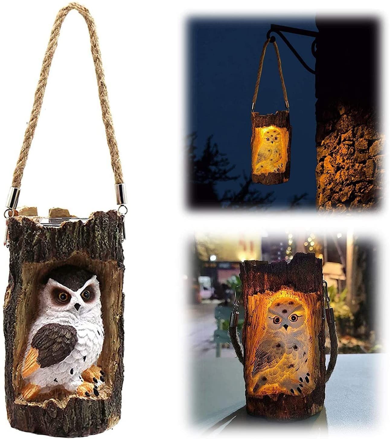 Solar Hanging Light Owl Tree Stump Lamp Lanterns Animal Statue Lanterns Garden Decoration