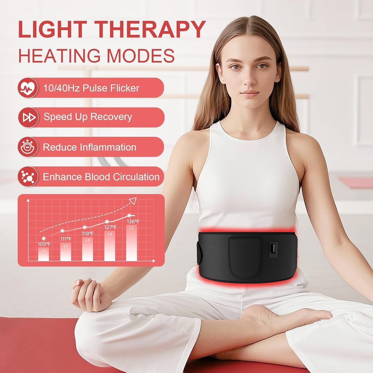 Red Light Therapy 5 Light Levels Infrared Light Heat Therapy Belt Wrap for Back Waist