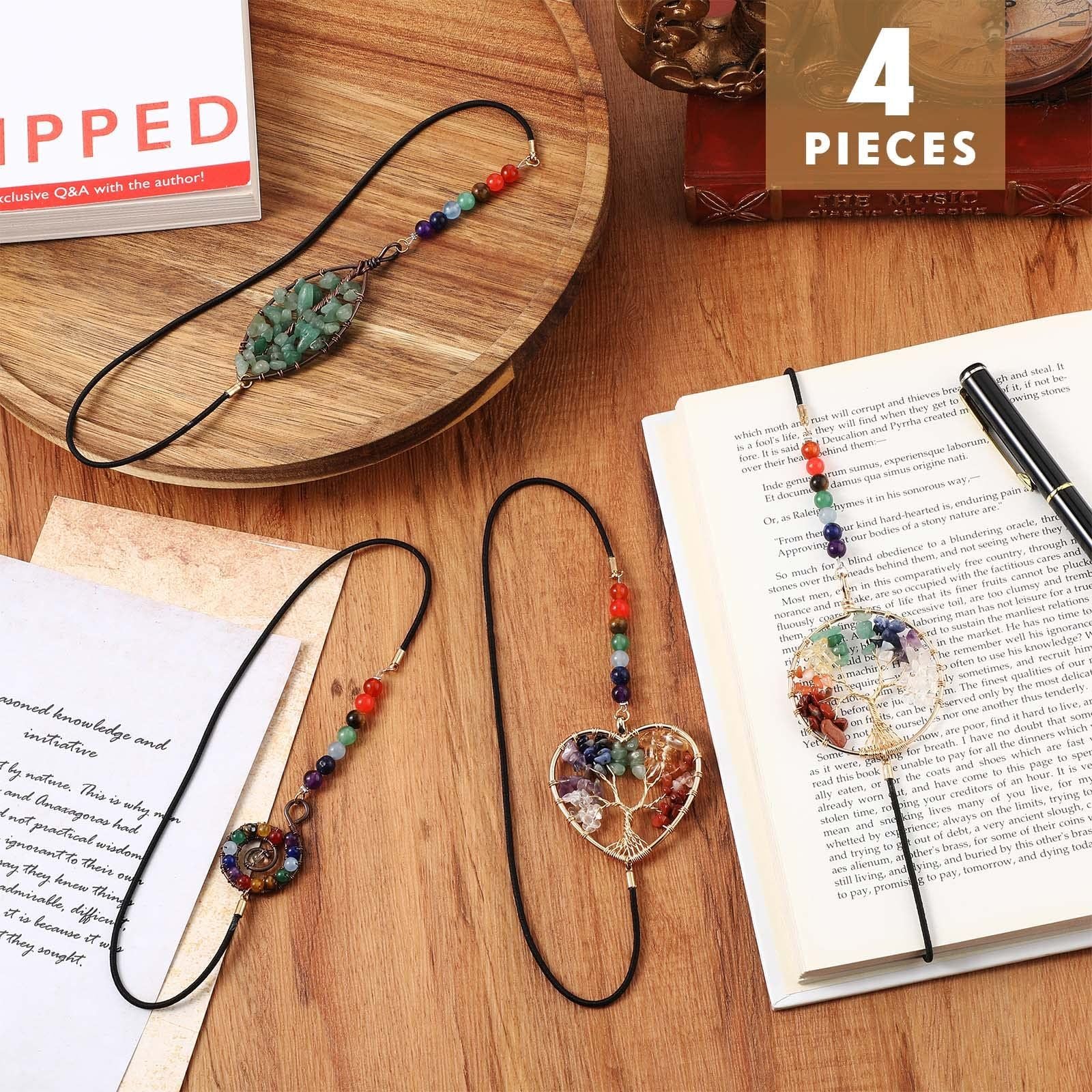 4Pcs Elastic Bookmarks Vintage Handmade Page Marker With Chakra Tree Pendant