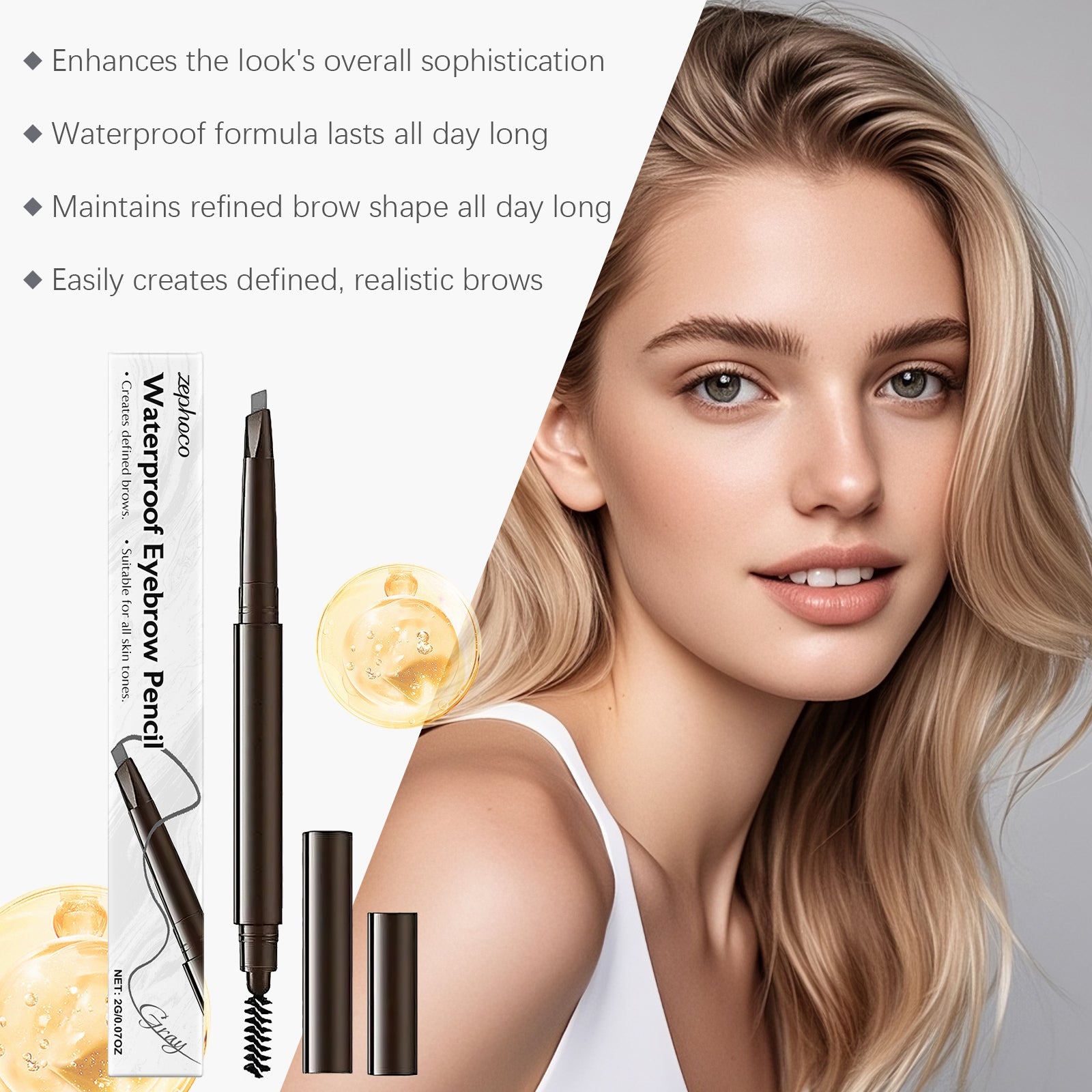 Waterproof Grey Eyebrow Pencil, Long-Lasting, Natural, Smudge-Proof, Perfect Brows ,2g