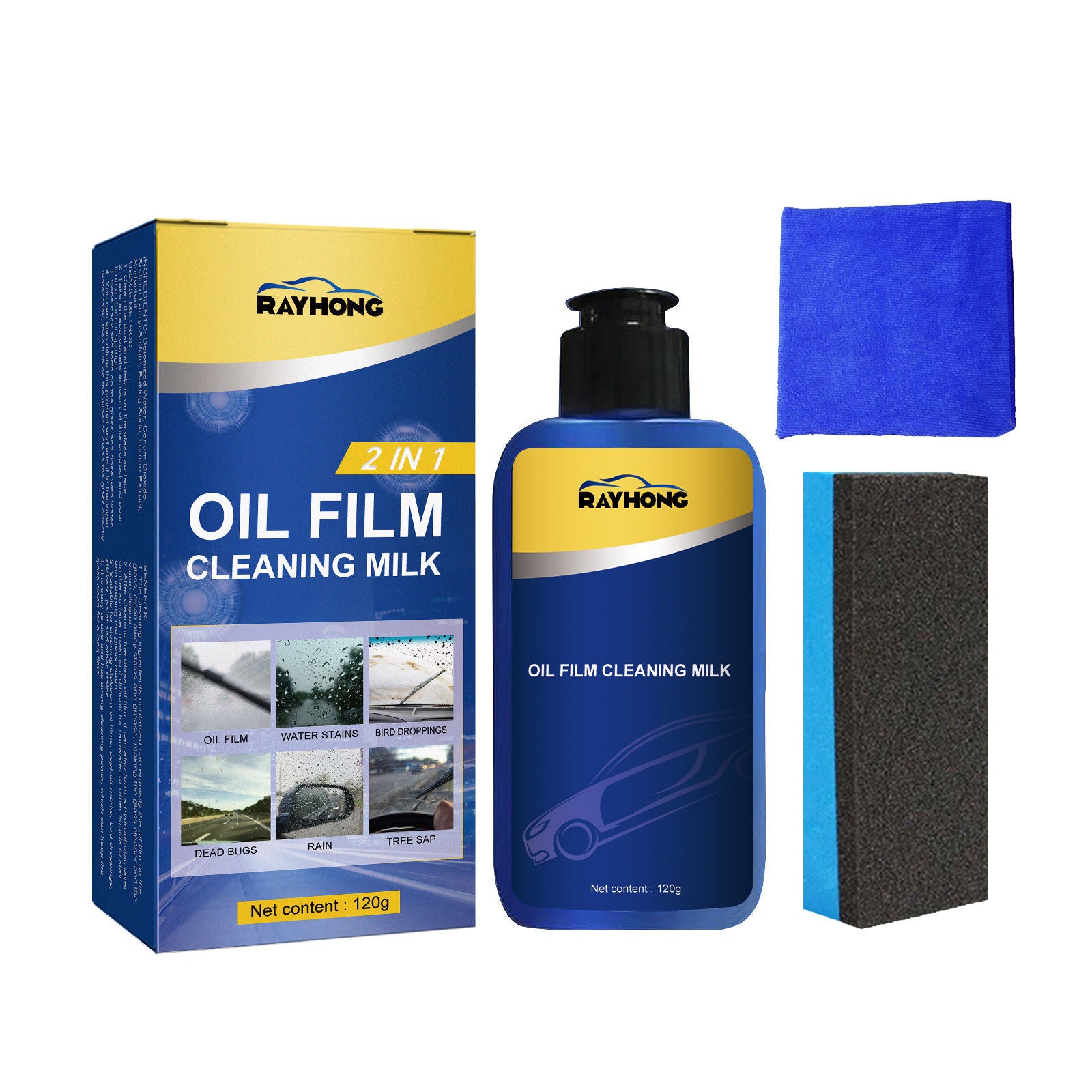 2-in-1 Car Oil Film Cleaner, Decontamination & Stain Removal, Windshield Shine ,1set