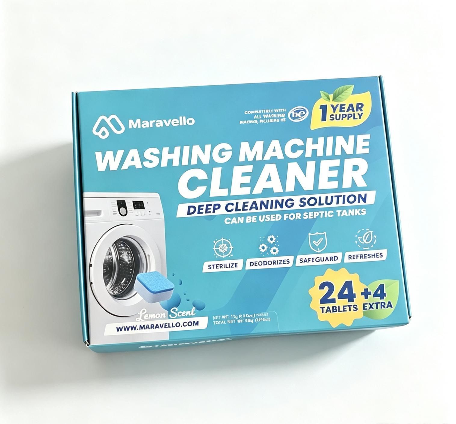 Maravello Washing Machine Cleaner Tablets, Lemon Scent Deep Cleaning Effervescent Tablets for Front & Top Load Washers, 28 Tablets