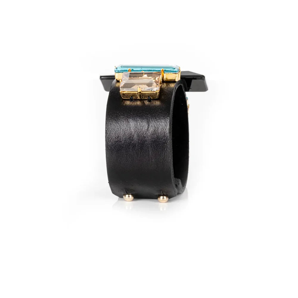 The Dark Black Leather Cuff with Blue & Champagne Crystals