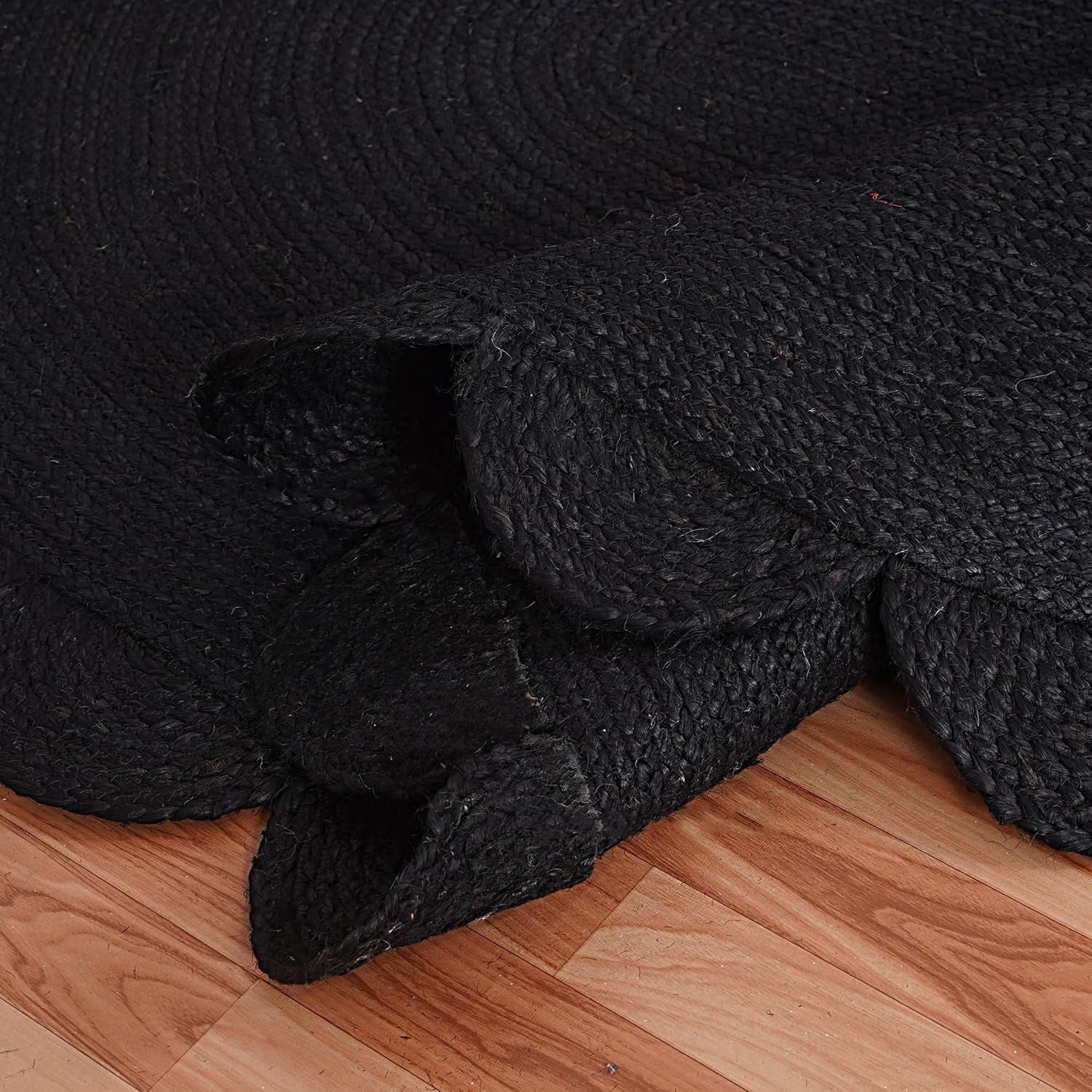 Black Round Jute Rug Scalloped Edge Handwoven Carpet | Modern Boho Floor Decor