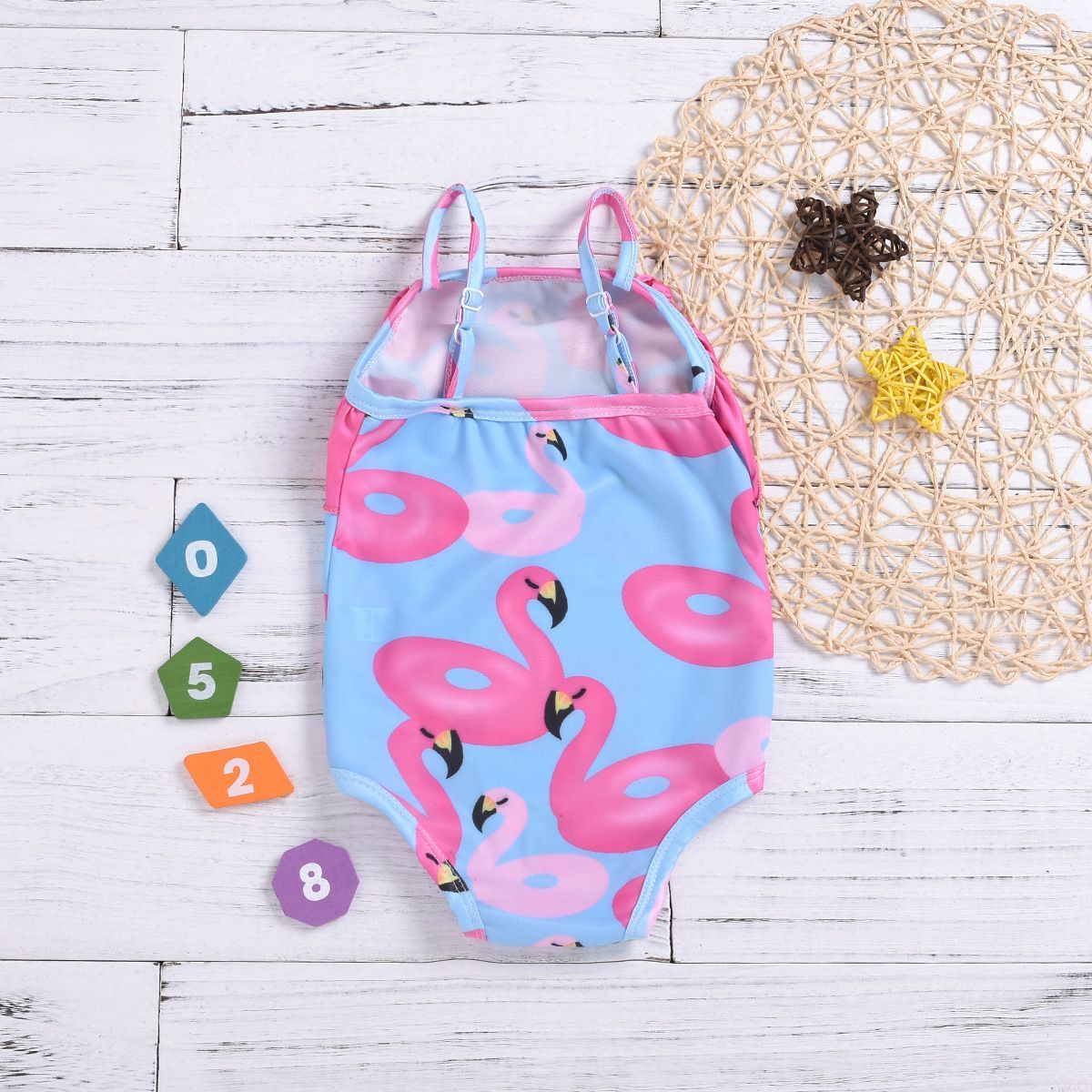 Childrens Swimsuit Triangle Suspender Romper Summer Flamingo Print