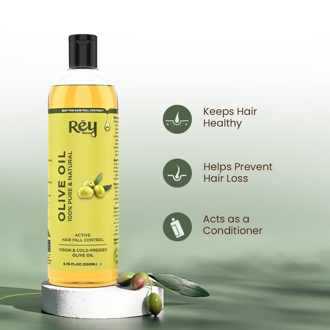 Rey Naturals Olive Oil Extra Virgin | Cold Pressed Olive Oil For Massage | Extra Light Olive Oil For Skin 200 ml