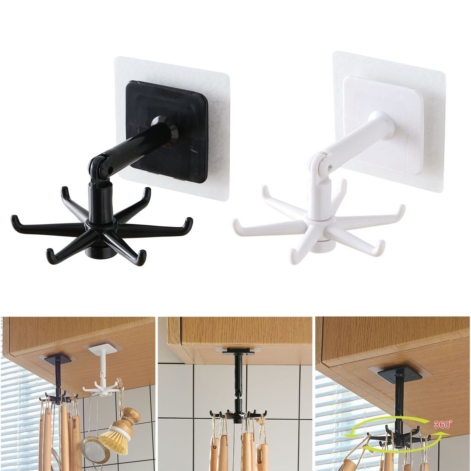 Self Adhesive Hook 360 Degree Rotation Kitchen Rack Punch Free Wall Mounted Storage Shelf