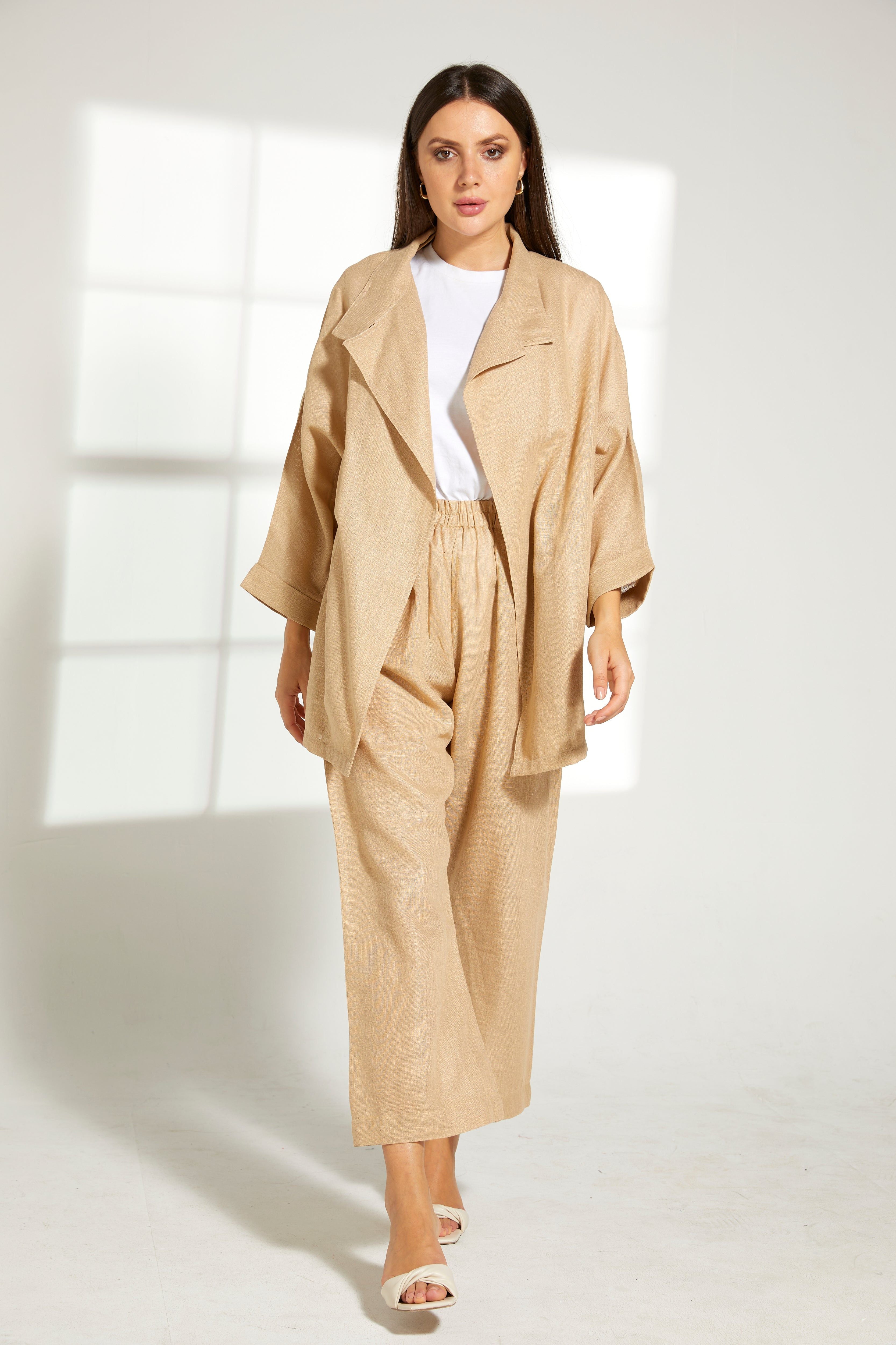 MOiSTREET Tan Linen Fabric Top and Pants Set