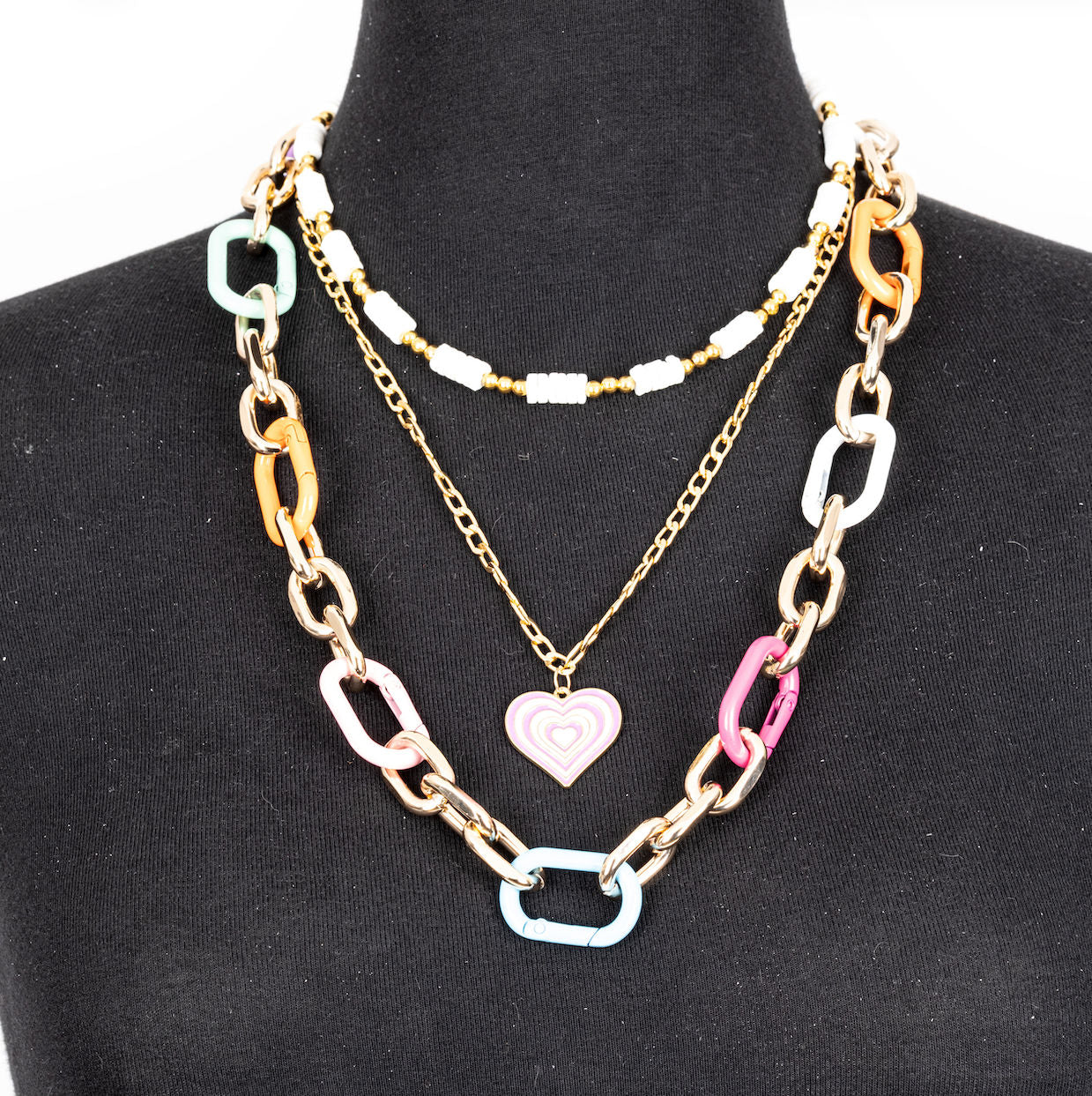 The Dark Pastel Chain Heart Necklace Layered Gold & Enamel Link Statement Necklace
