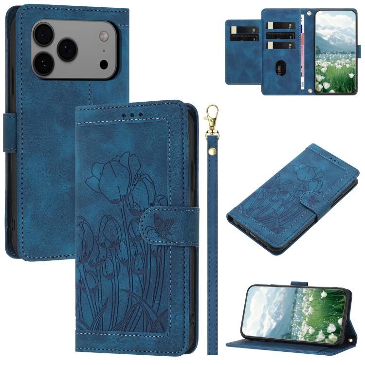 For iPhone 18 Pro Max / iPhone 17 Pro Max Tulips Embossed Leather Phone Case with Lanyard
