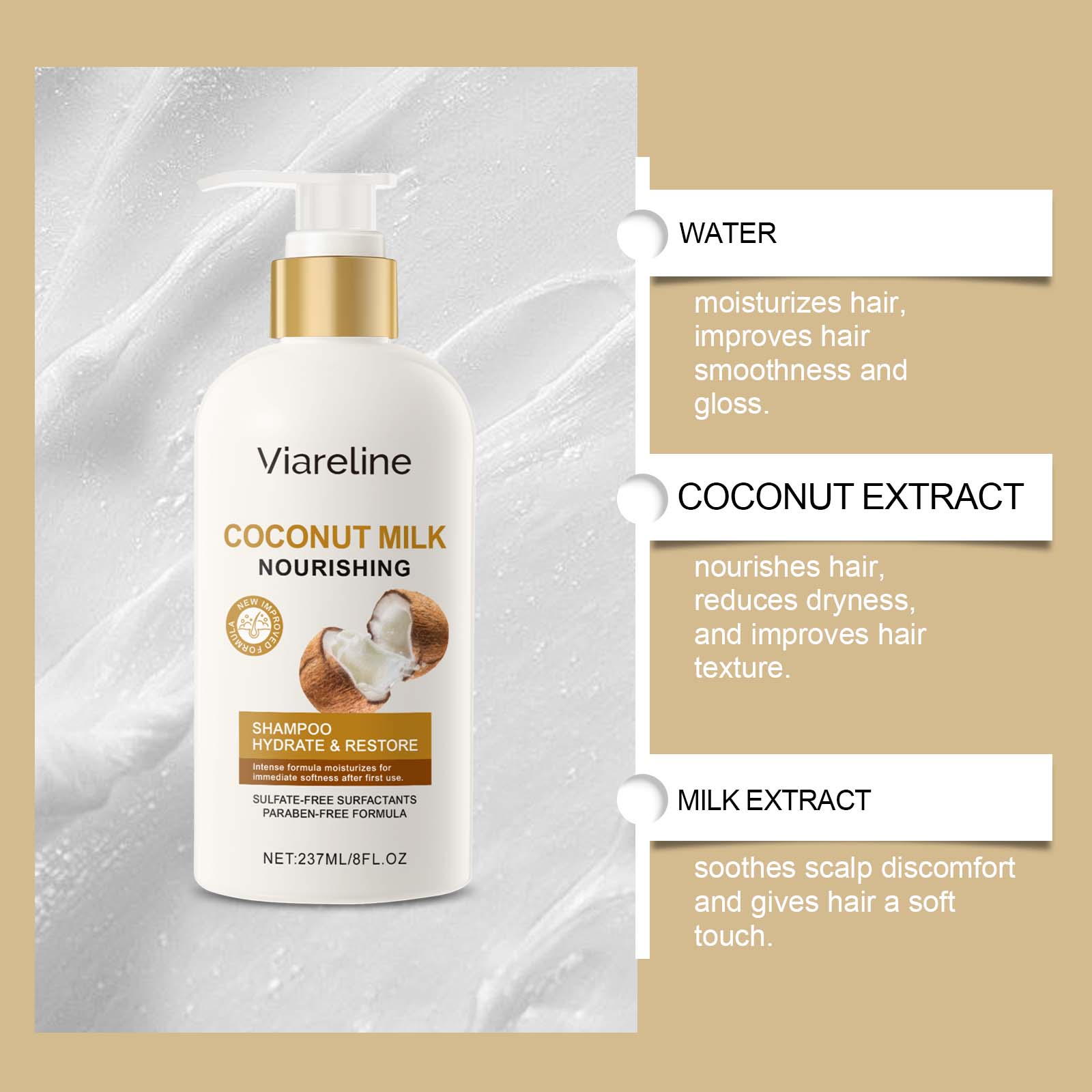 Coconut Milk Hair Care, Hydrating, Voluminous, Gentle Shampoo for Healthy Hair ,237ml