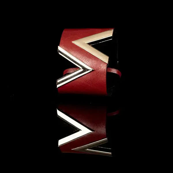 The Dark Red Leather Cuff Bracelet with Bold Gold Chevron Design