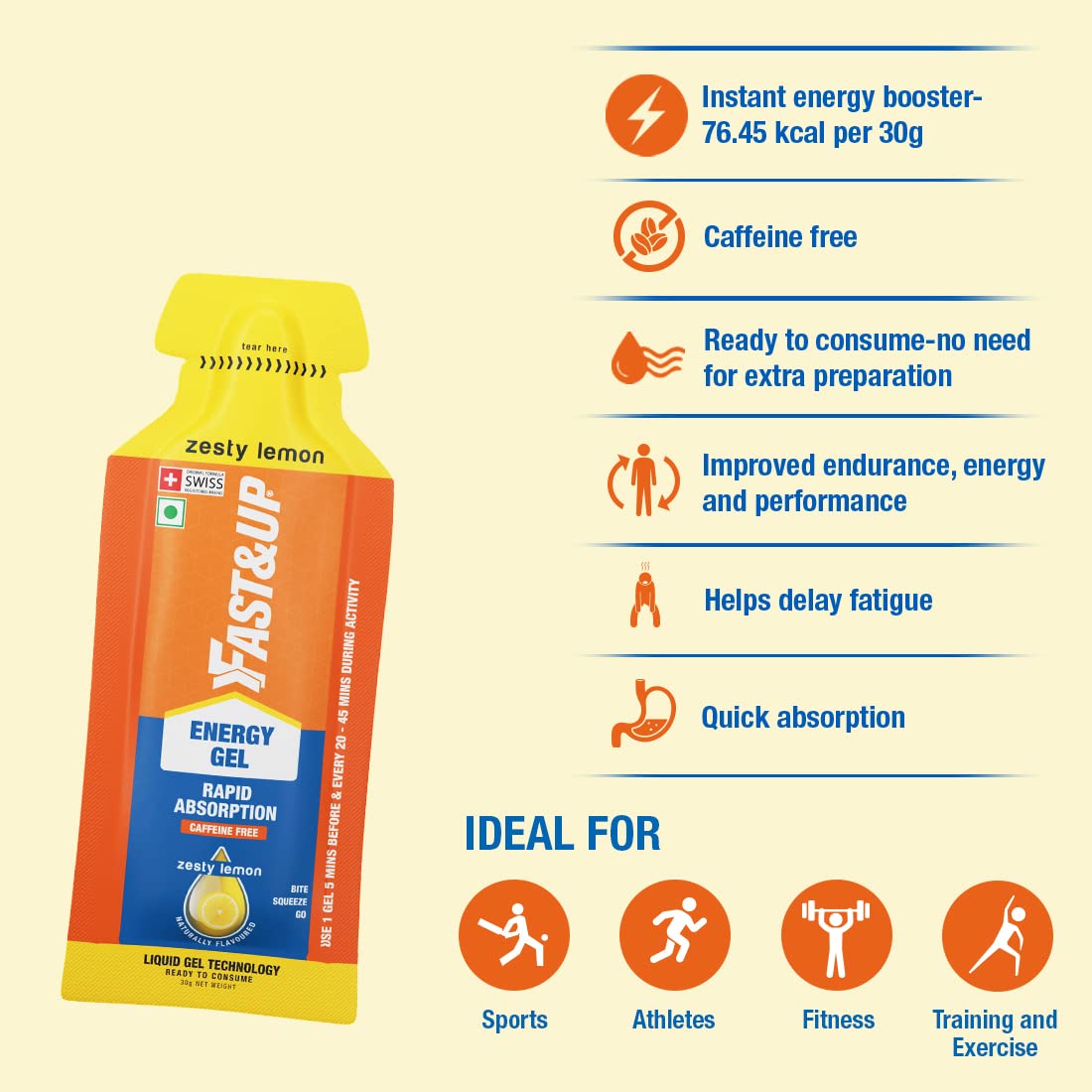 جل الطاقة Fast&up - طاقة فورية + كافيين (عبوة من 5 قطع) - بنكهة الليمون والليمون الحامض