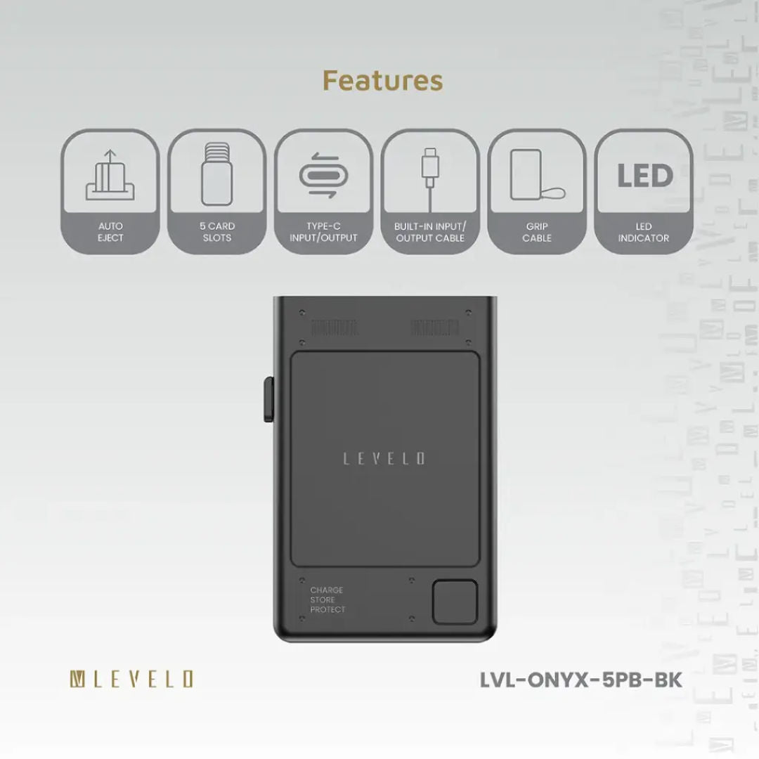 Levelo Onyx Portable 5000mAh 3 in 1 Cardholder Power Bank, 5 Card Slot