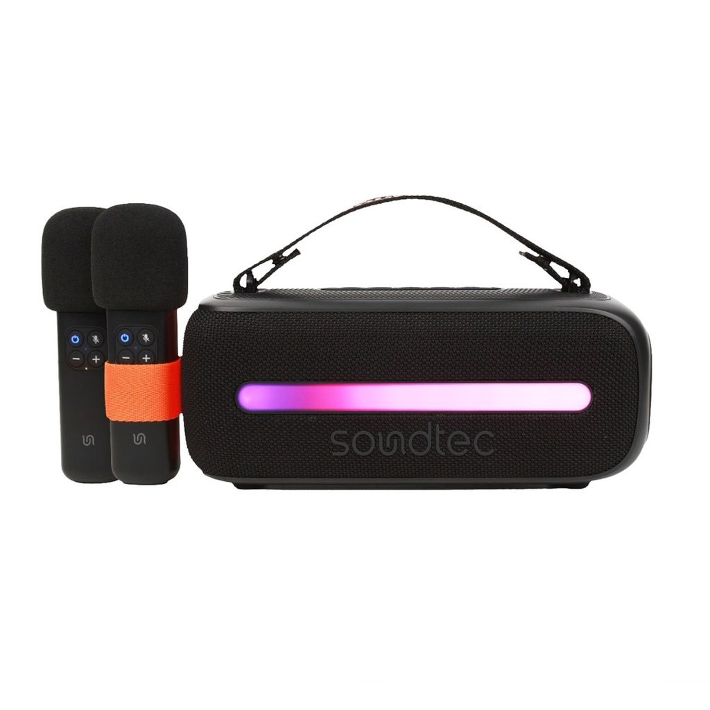 Porodo Soundtec 14W Bluetooth Speaker with Dual Wireless Microphones, RGB Lights, FM, USB Playback, Black