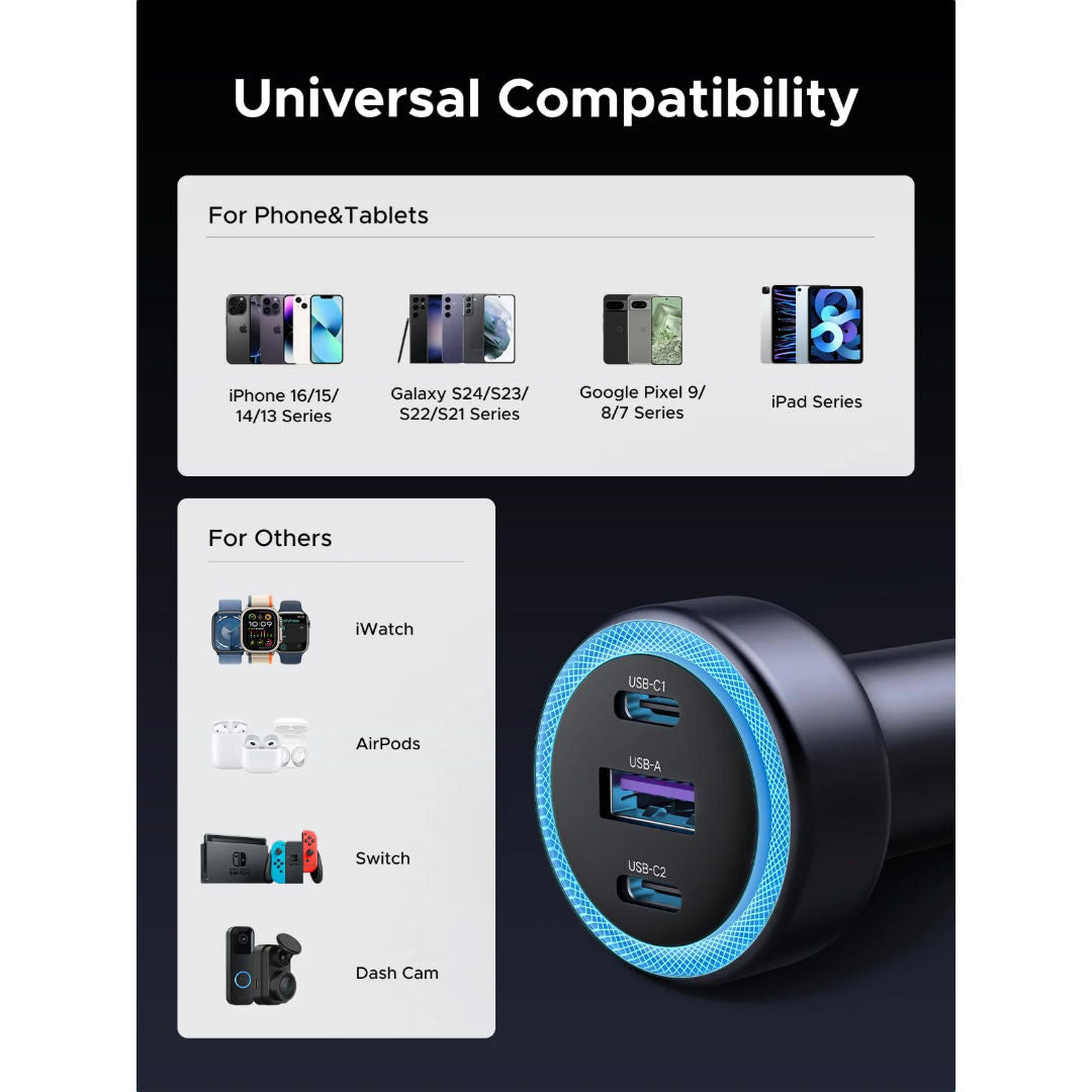 شاحن سيارة UGREEN CD130 بقدرة 52.5 واط ومزود بمنفذين مع دعم الشحن السريع عبر USB-C PD وUSB-A QC