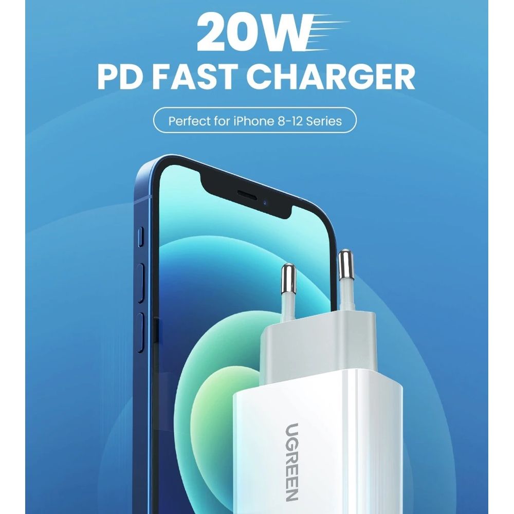 شاحن حائطي UGREEN CD137 بقدرة 20 واط مع منفذ USB-C لتزويد الطاقة، قابس الاتحاد الأوروبي، محول شحن سريع