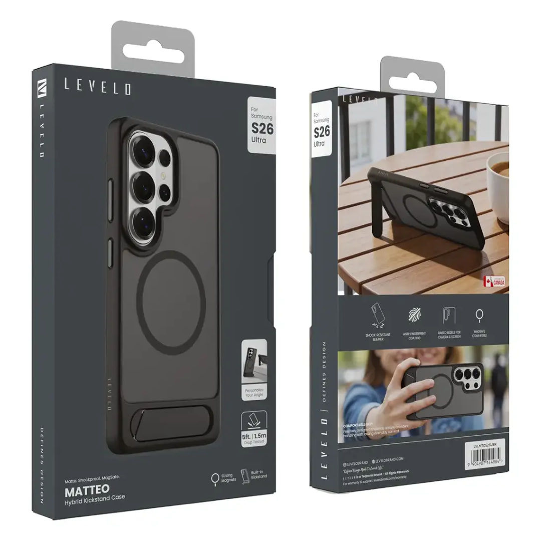 Levelo Matteo Hybrid Kickstand Case For Samsung S26 Ultra, Black