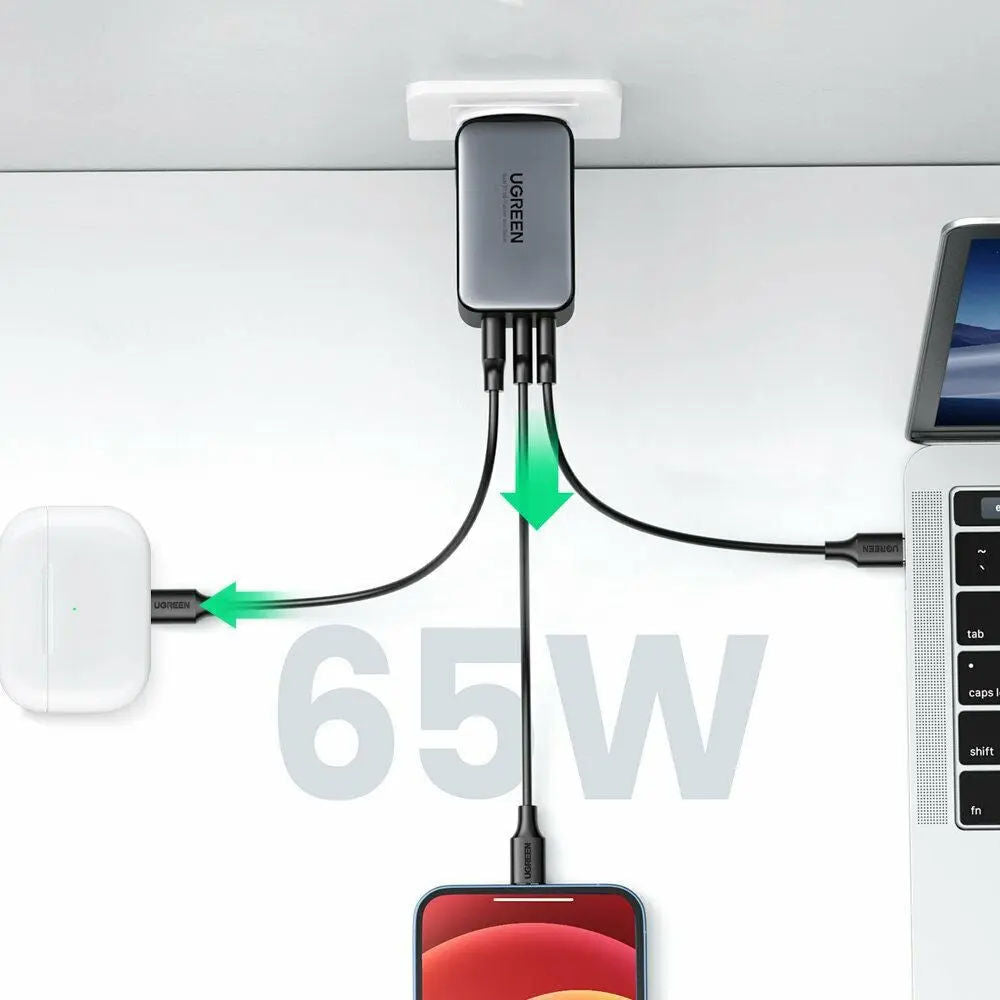 شاحن سريع UGREEN CD244 GaN II بقدرة 65 واط، مزود بمنفذي USB-C ومنفذ USB-A واحد، ومقبس أوروبي، لون رمادي
