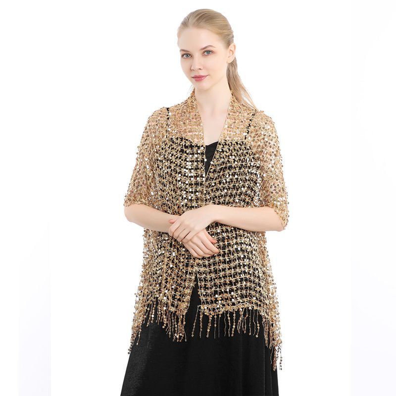 Luxury Gold Sequin Fringe Shawl Wrap for Wedding Party