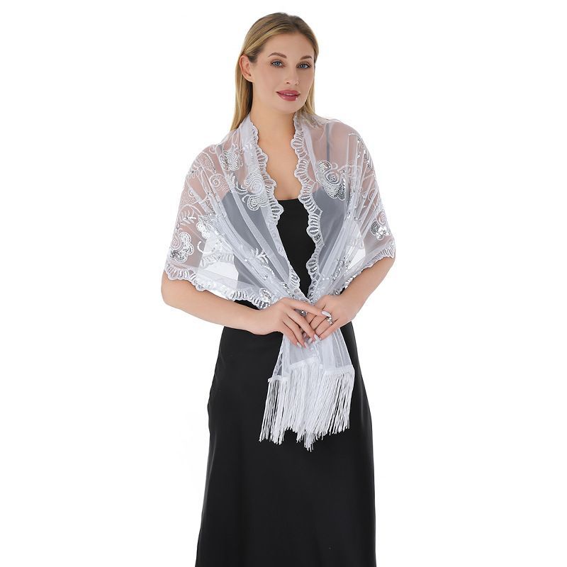 Luxury Black Gold Embroidered Fringe Shawl Wrap for Women Evening Party