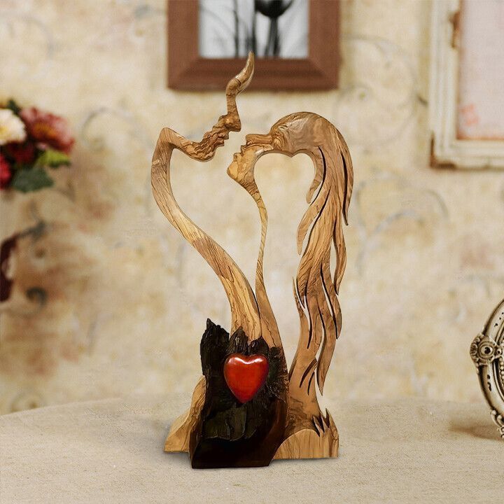 Wooden Lovers Statue Eternal Love Handmade Abstract Sculpture Ornament