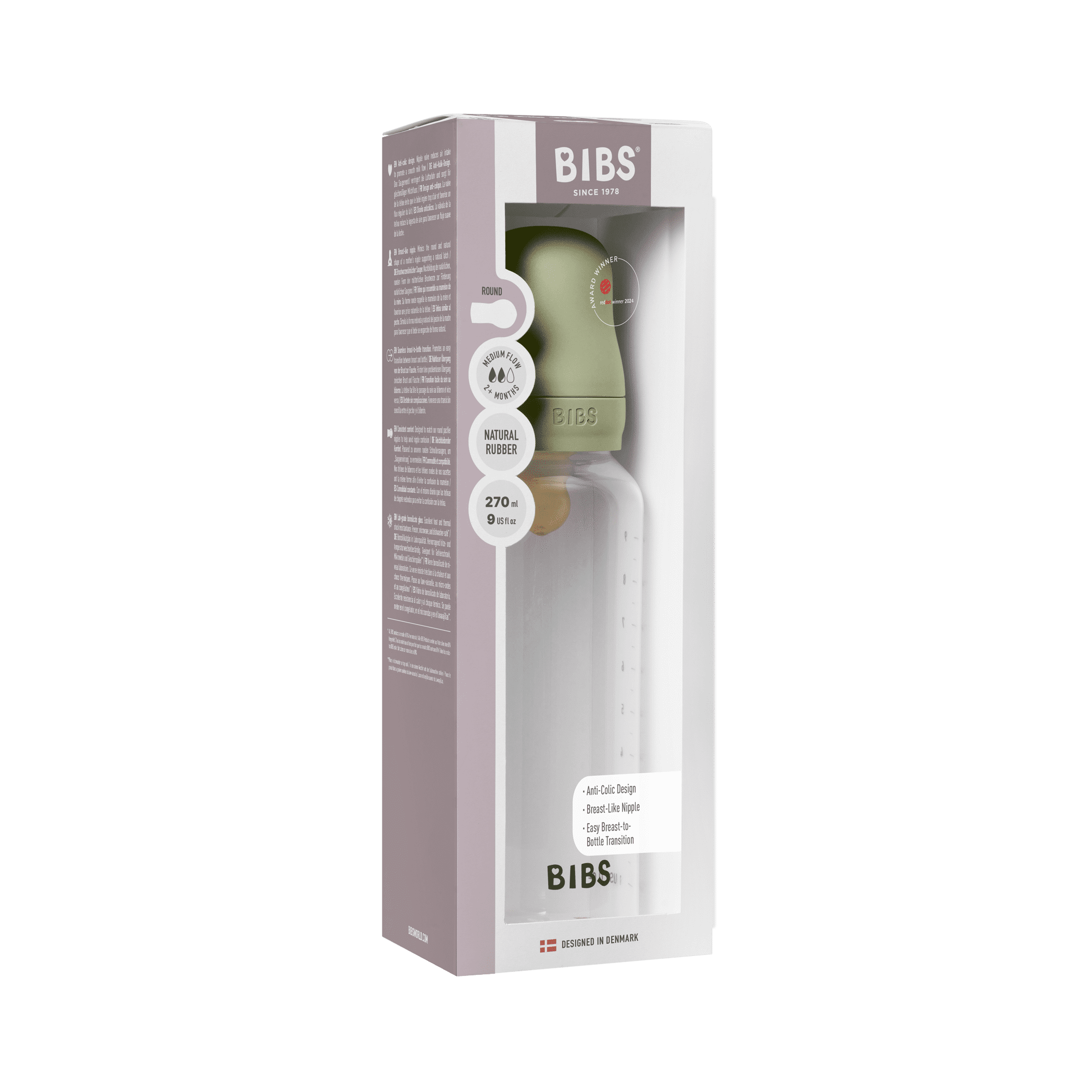 BIBS Baby Bottle with Round Latex Nipple – 270 ml Medium Flow | Sage