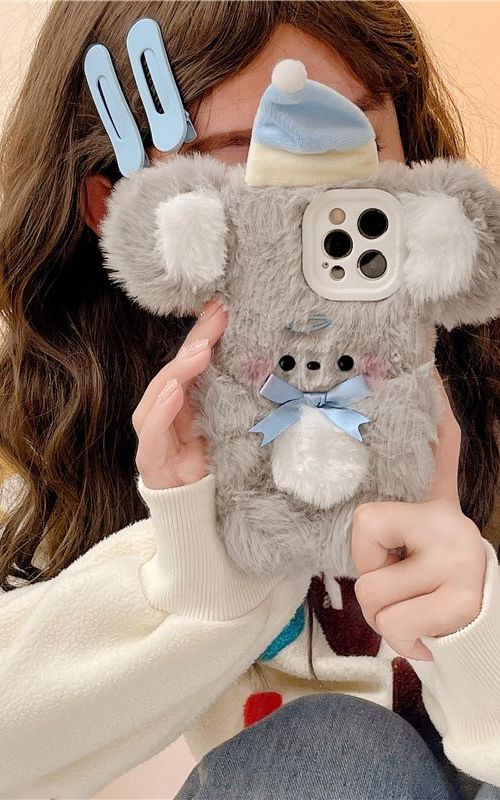Plush Phone Case Fluffy Koala Shockproof Protective Cover With Hat For iPhone