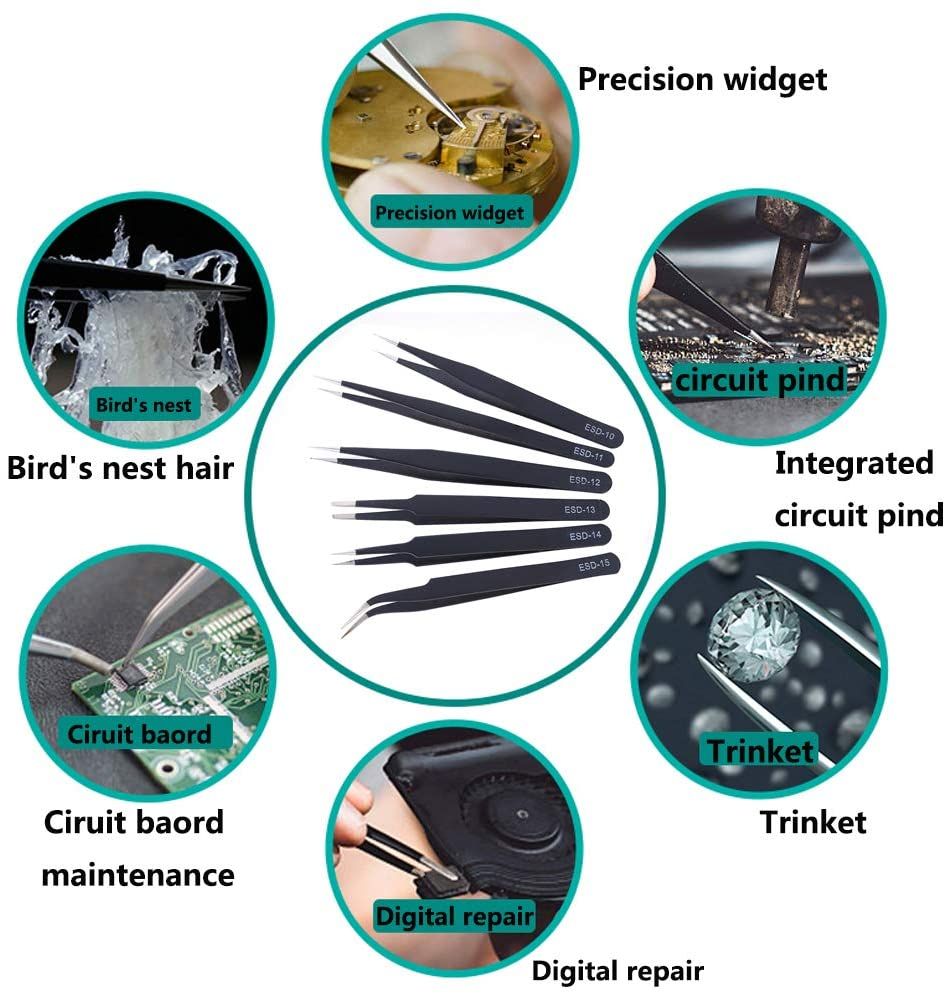 7 Pack Tweezers ESD Anti-Static Stainless Steel Tweezers Kit Safe Precision Tipped Tweezers
