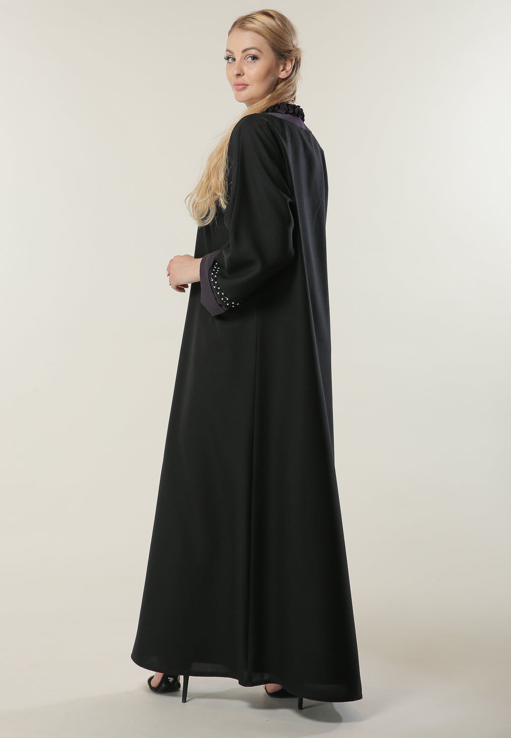 MOiSTREET Black Abaya with Pleated Collar and Hand Embroidery