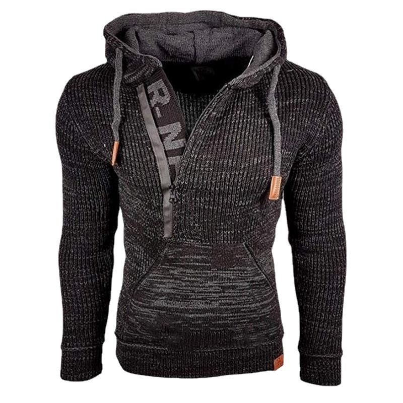 Men Zipper Hooded Sweater Winter Casual Knitted Sweatshirt Long Sleeve Letter Pullover