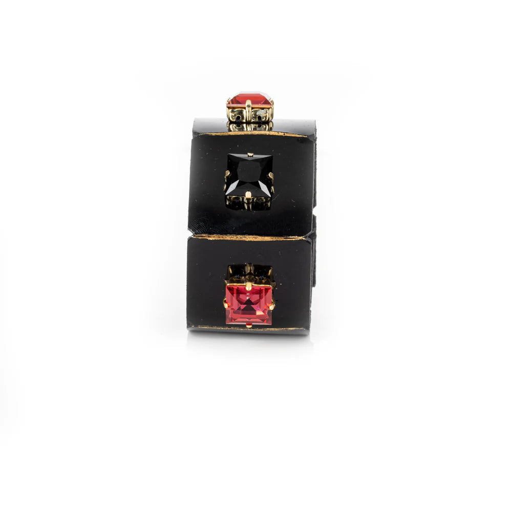 The Dark Black Leather Crystal Cuff Bracelet with Red & Black Square Stones