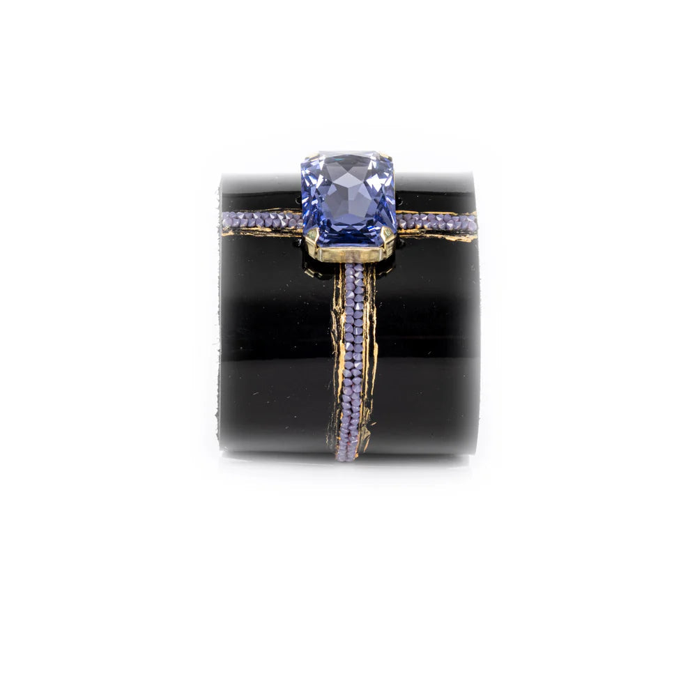 The Dark Black Leather Crystal Cuff Bracelet with Blue Stone