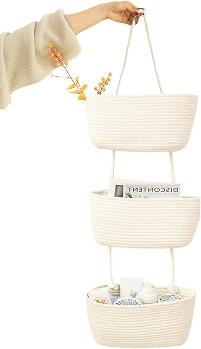 3 Tier Door Hanging Basket Woven Cotton Wall Storage Bag Decorative Hanging Storage Basket