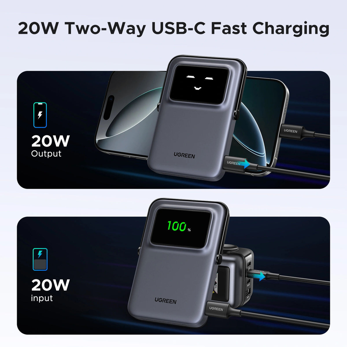 UGREEN PB571 Uno 5000mAh Magnetic Wireless Power Bank with Stand and TFT Display - Makasib Offer