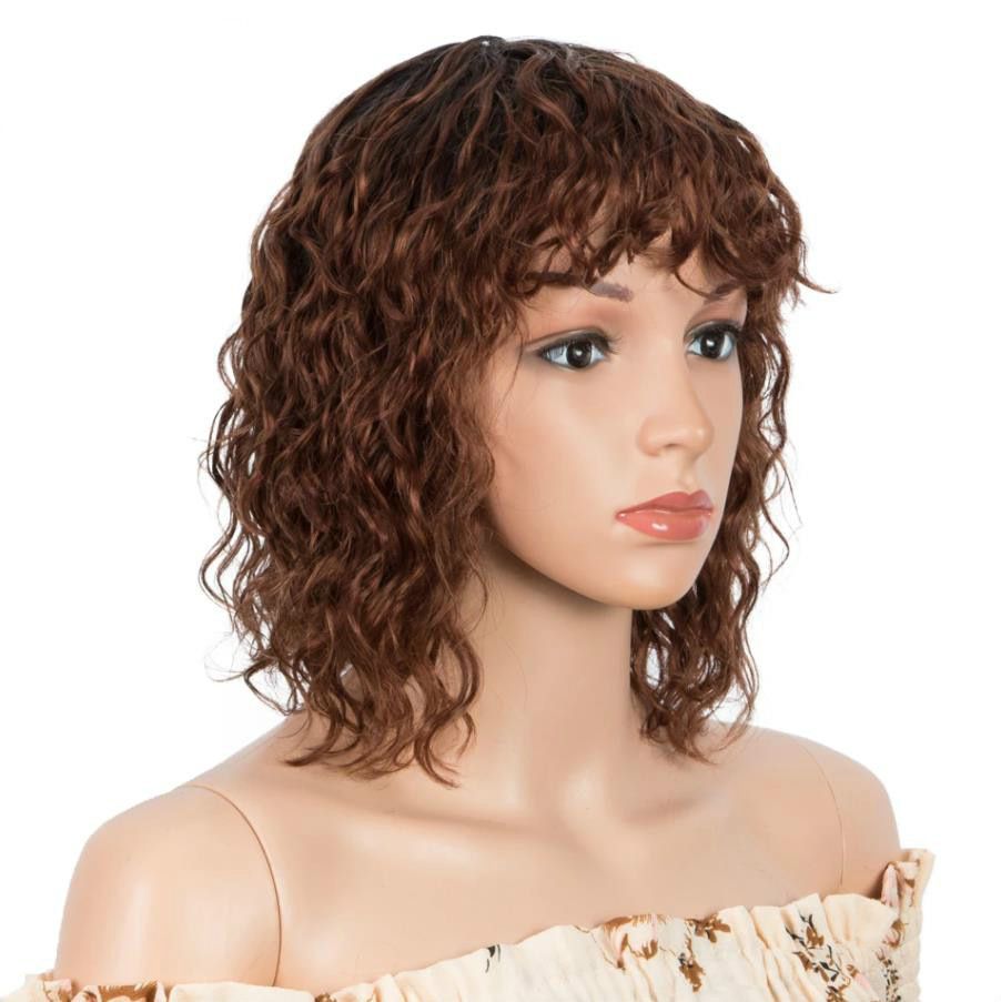 African Short Curly Synthetic Hair Wigs Womens Brazilian Wavy Brown Headgear Wig