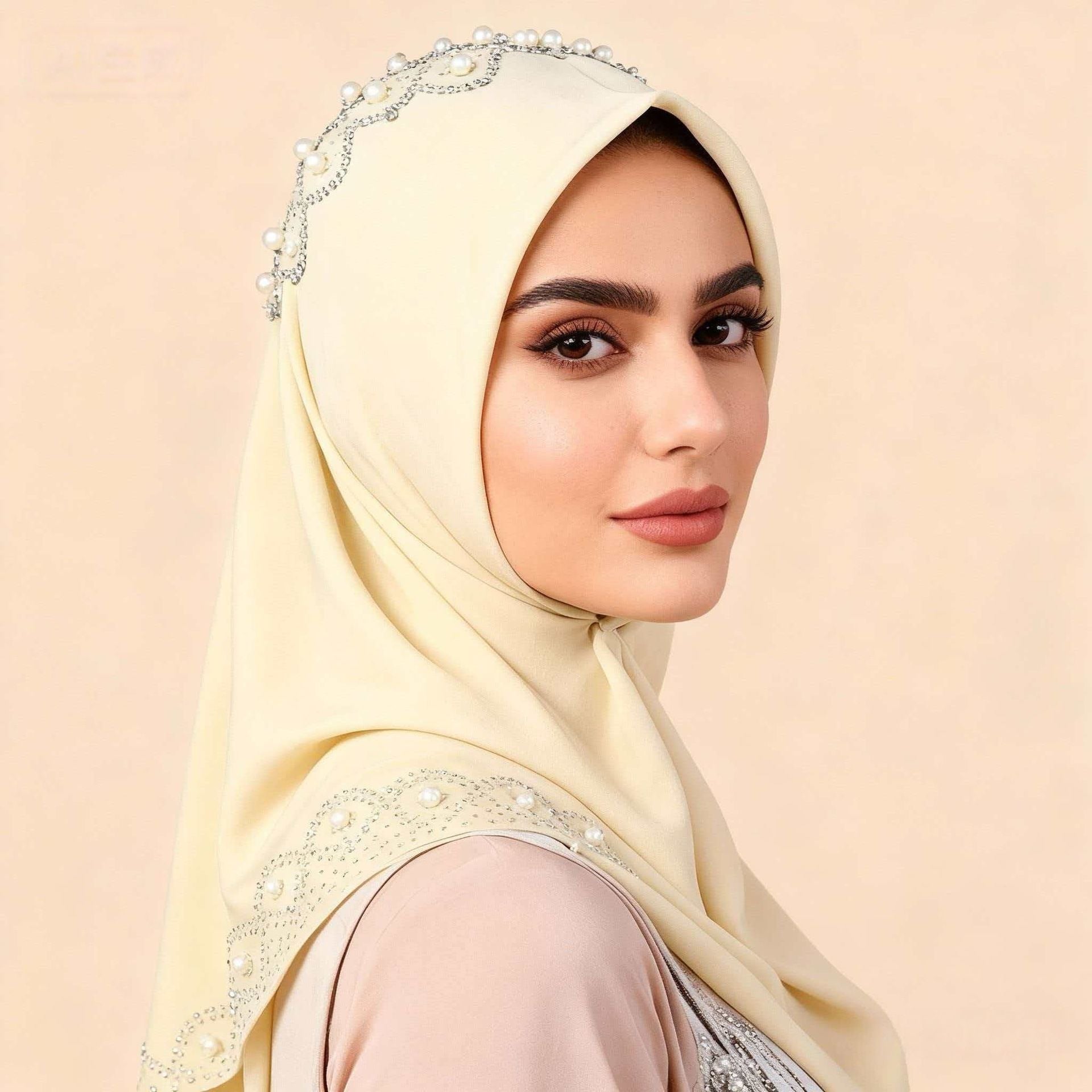 White Rhinestone Pearl Chiffon Hijab Scarf Square Head Wrap