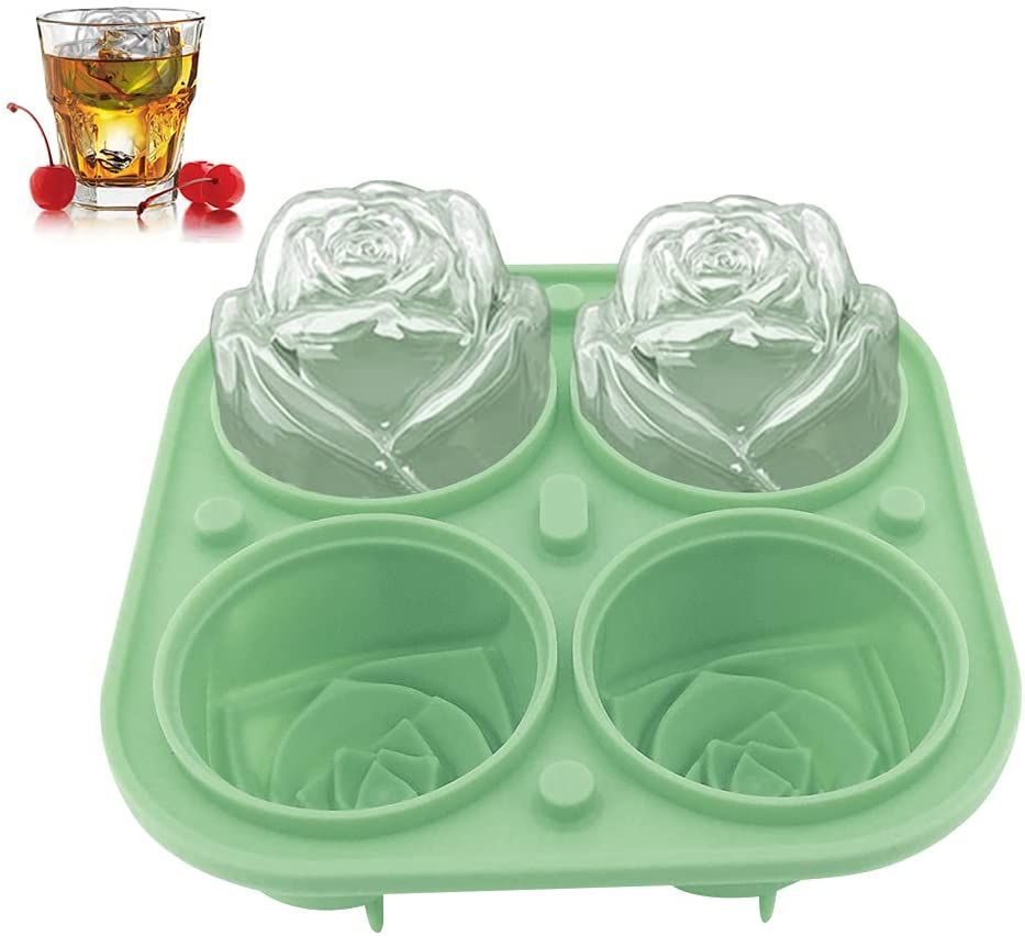4 Cavity Ice Cube Trays 3D Silicone Rose Ice Tray Mold With Removable Funnel-Shaped Lid