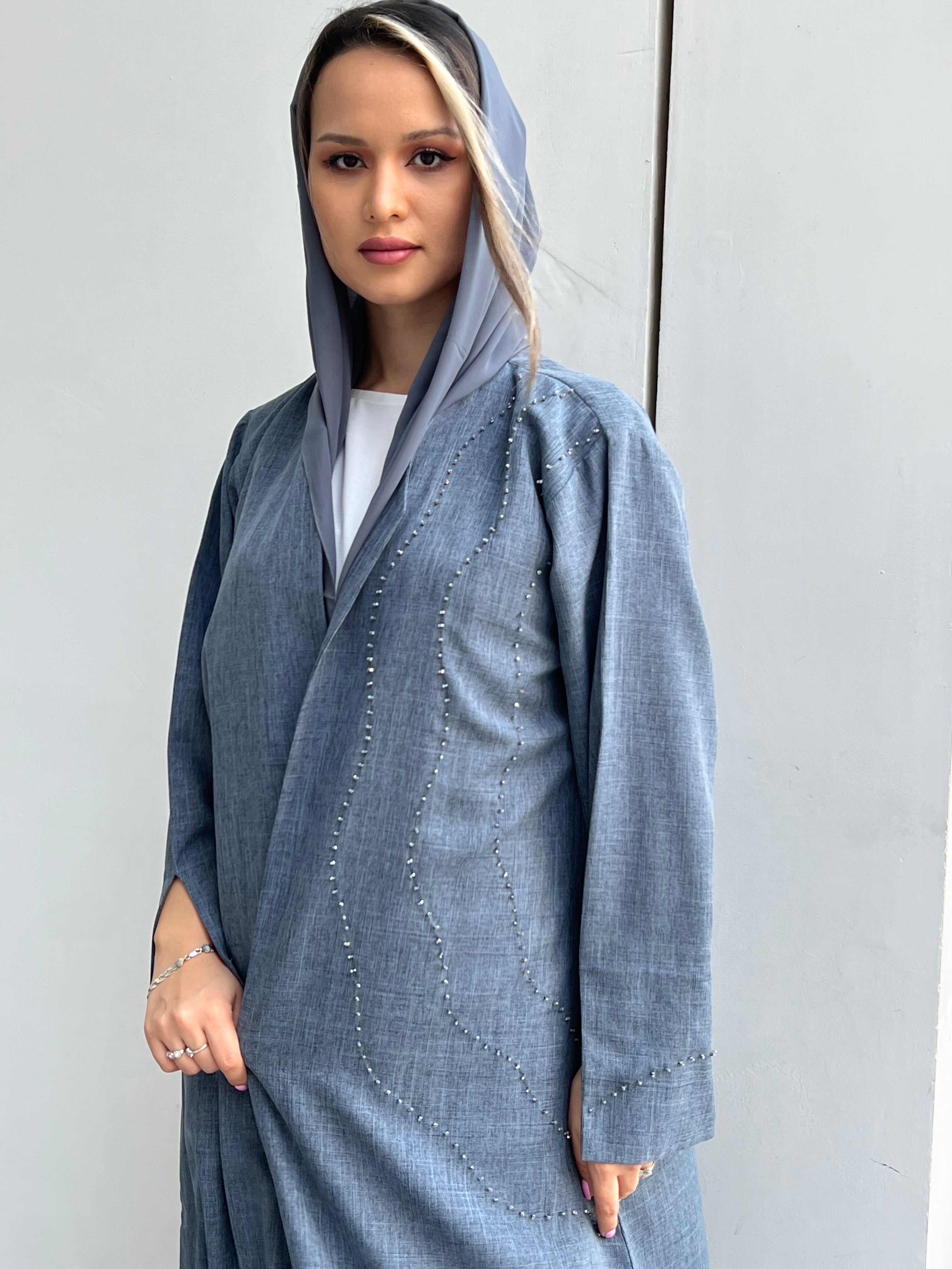 MOiSTREET Light Slate Grey Mélange Embroidery Abaya