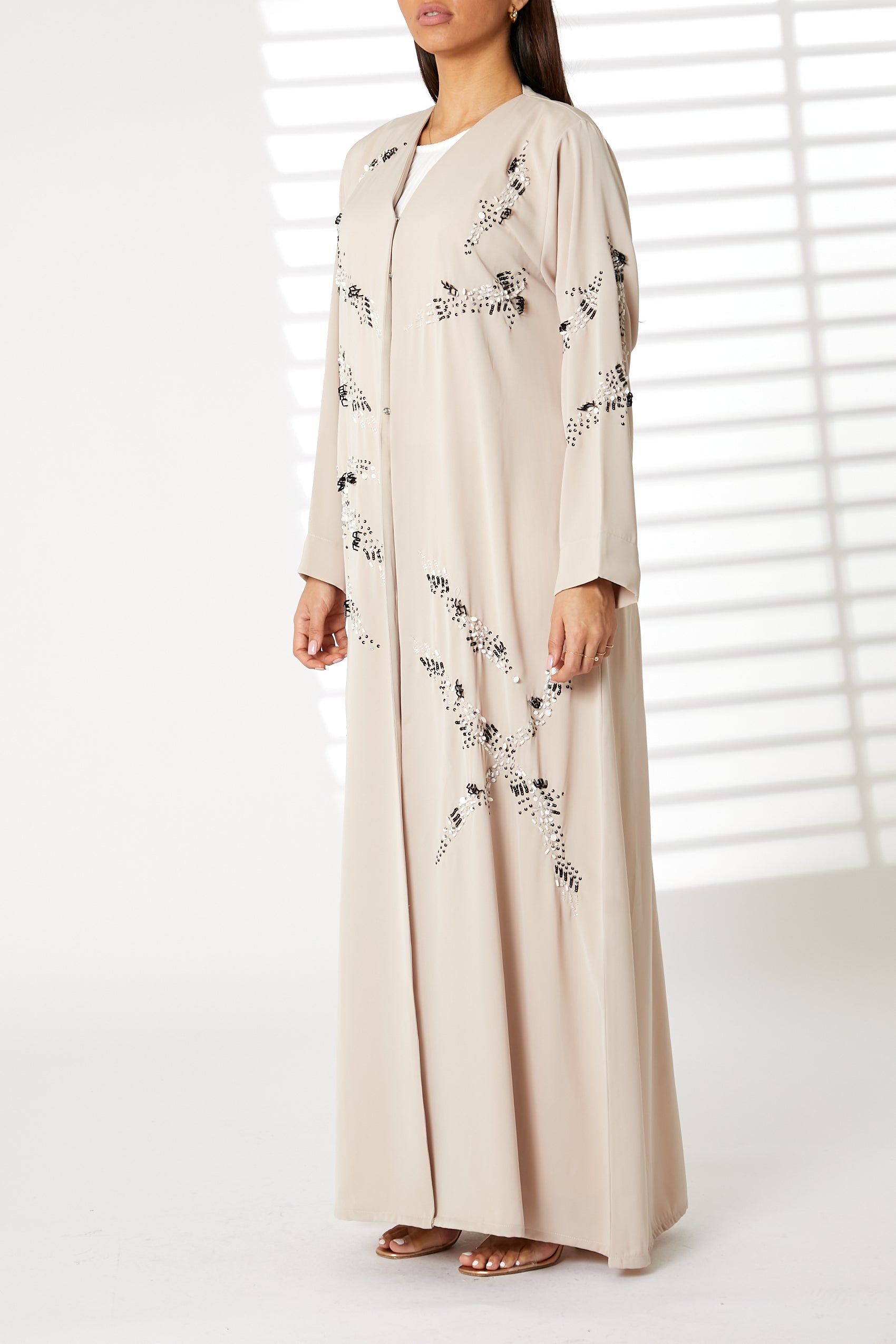 MOiSTREET Beige Nida Embroidered Abaya