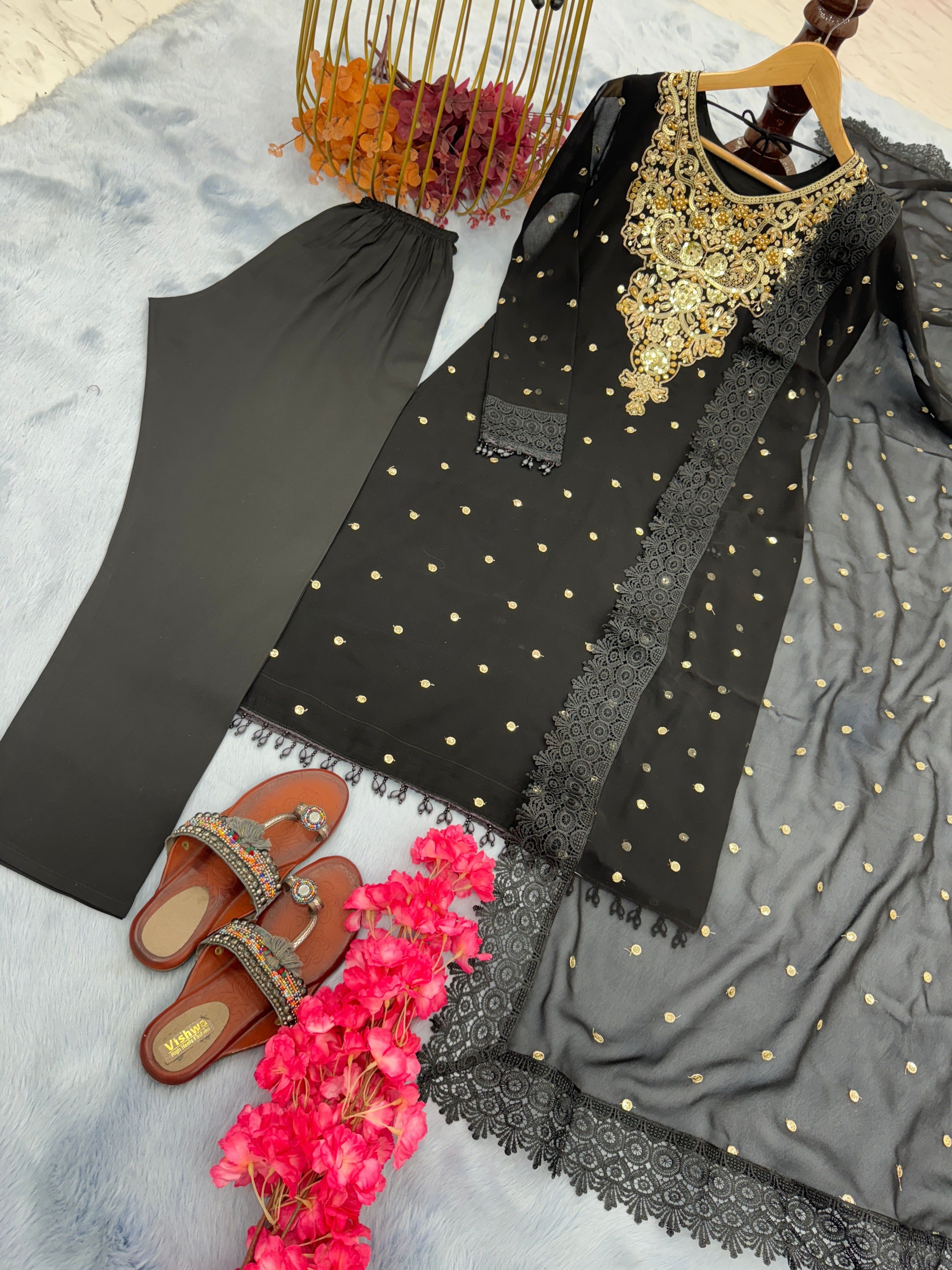 Designer Top Bottom & Dupatta With Pal Moti Hand Work