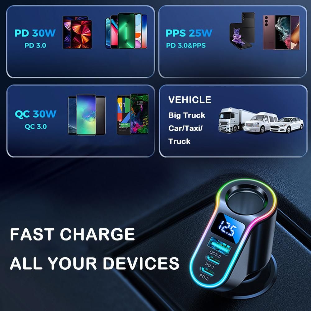 Car Charger Adapter 4 In 1 USB Fast Charging Adapter With Voltage Detection