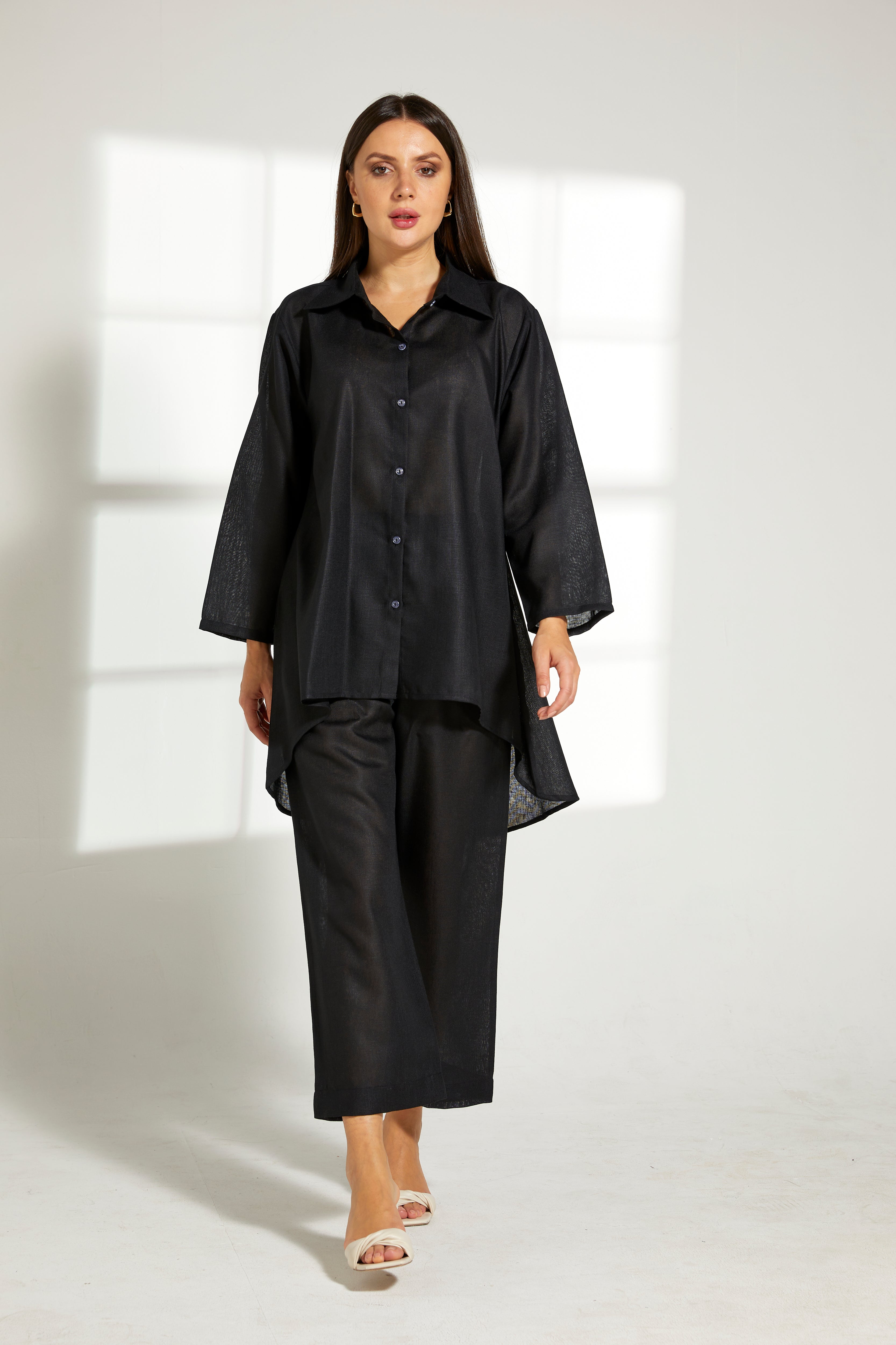 MOiSTREET Black Linen Fabric Top and Pants Set