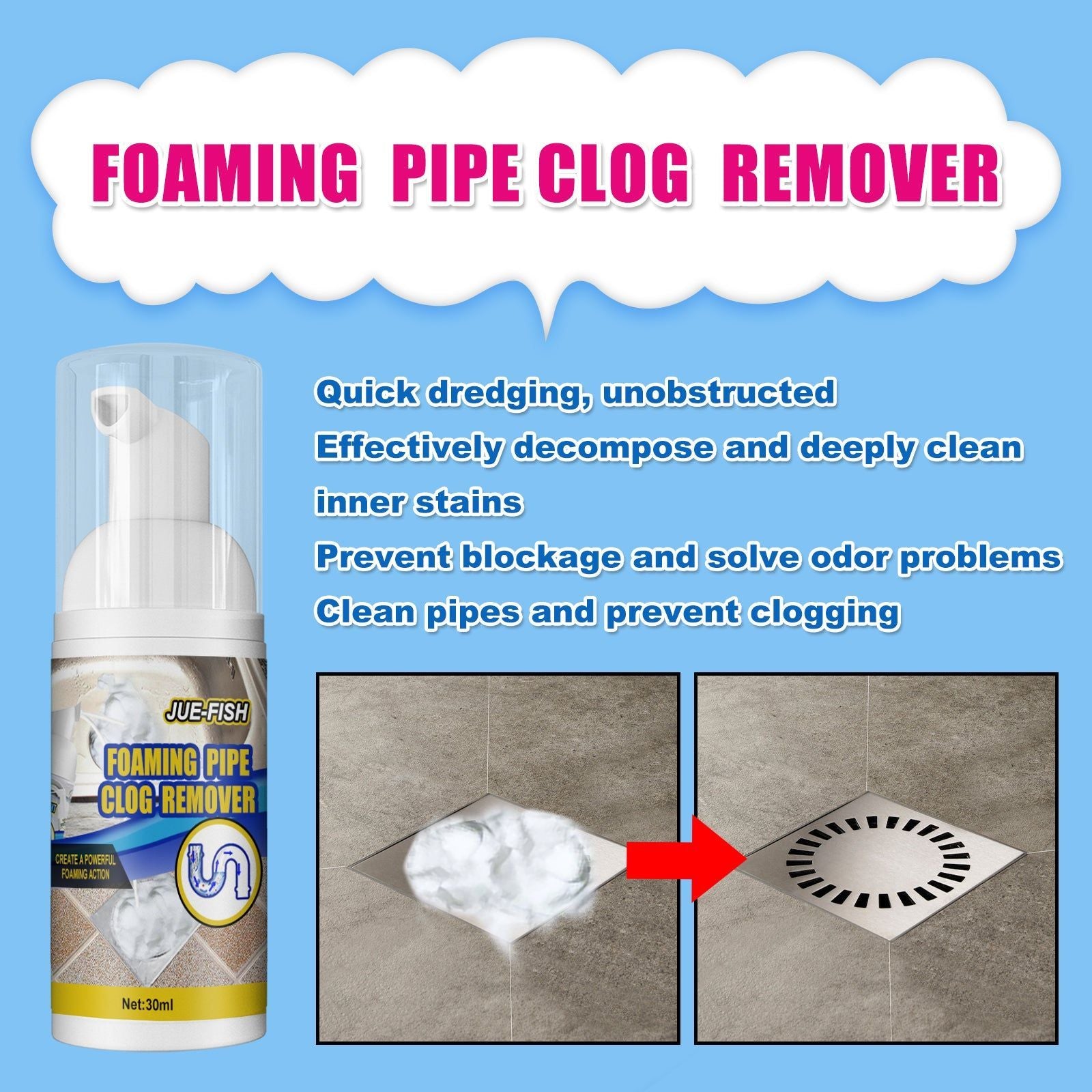 Effective Foam Remover for Household Plumbing, Clog & Odor Eliminator, Easy to Use ,30ml