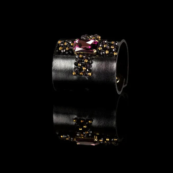 The Dark Black Leather Crystal Cuff Bracelet with Purple Gemstone and Beaded Detail Handmade Statement Bracelet